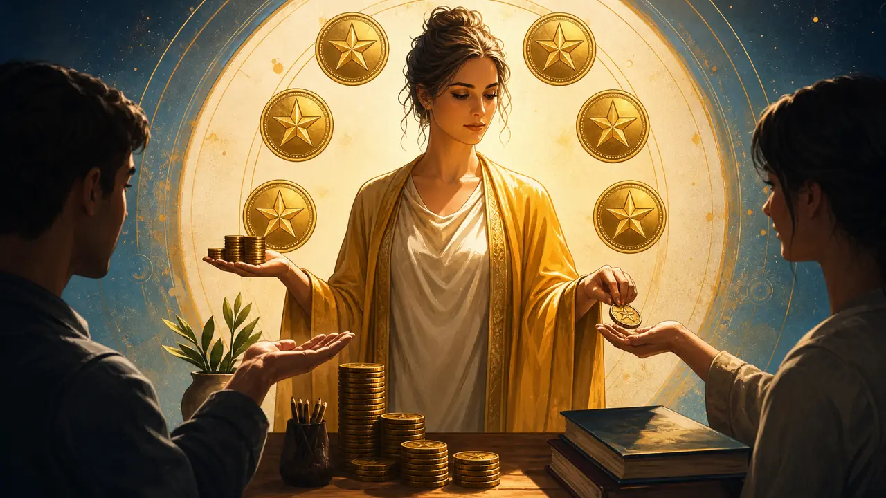 錢幣六塔羅工作財運:支援、報酬與資源交換 — Askaseer 星語塔羅配圖