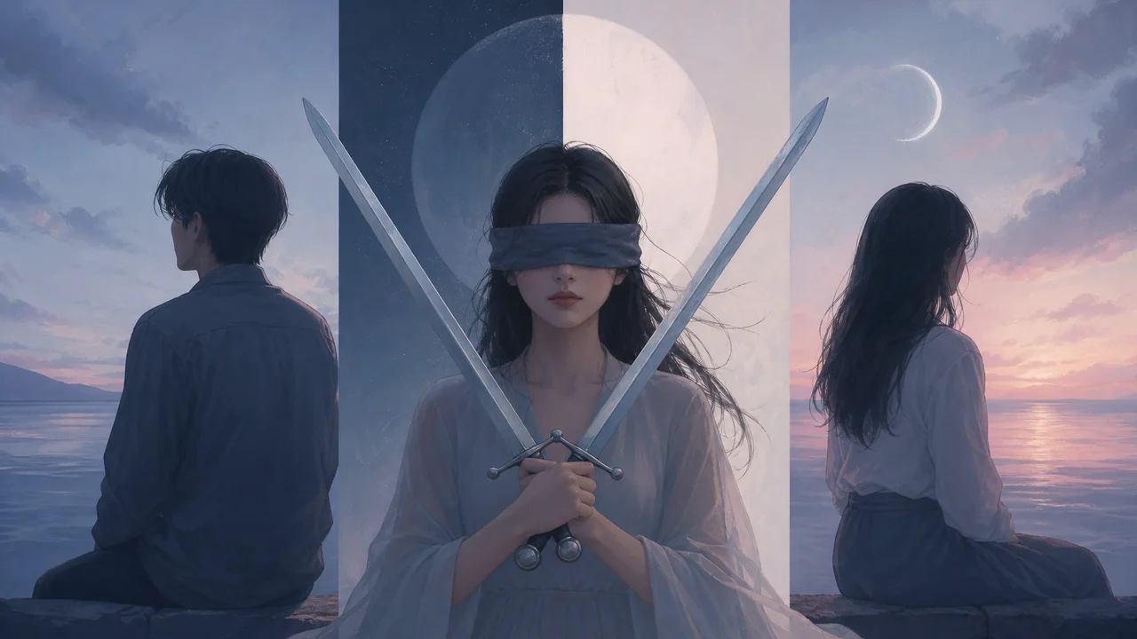 寶劍二塔羅感情牌義:曖昧僵局與不表態 — Askaseer 星語塔羅配圖